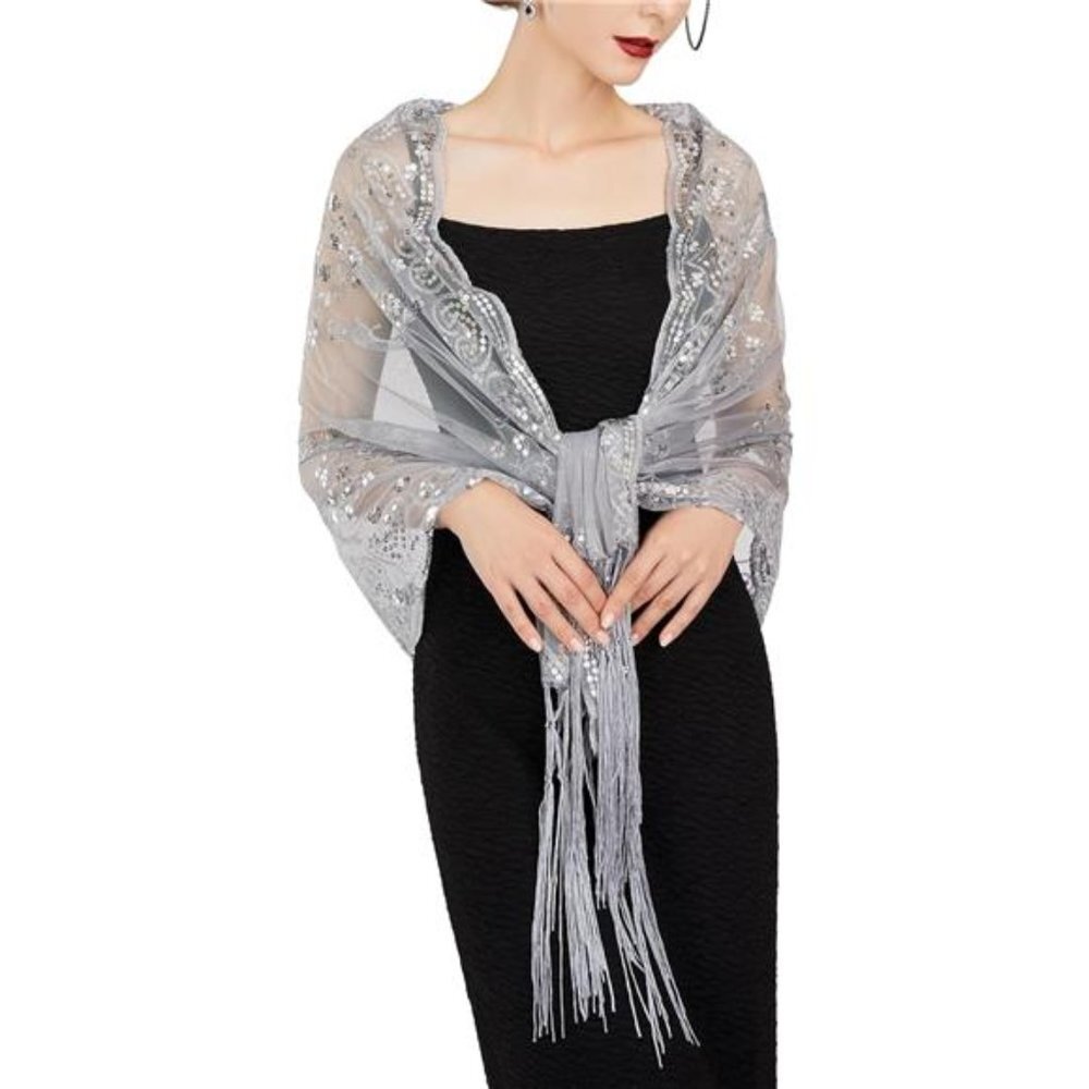 Silver 1920s Retro Fringe Sequin Lace Shawl Wrap‎ Long Evening Party Shawl Shrug - Picture 2 of 7